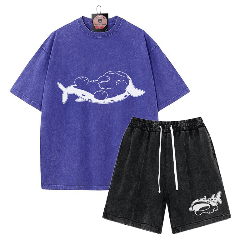 Verspieltes T-Shirt mit Pupfish-Grafik und verwaschenen Shorts im Vintage-Stil, zweiteiliges Set - Blue&Black - 3XL - image 8
