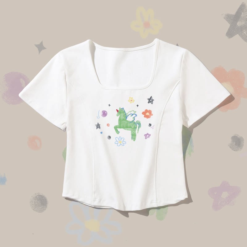 Modakawa T-Shirt mit fliegendem Einhorn-Modifikator und quadratischem Halsausschnitt - White - 2XL - image 1
