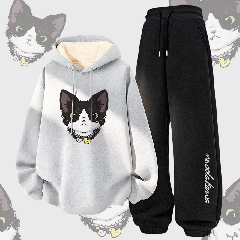 MODAKAWA Zweiteiliges Set aus Hoodie und Hose mit niedlichem Katzenmotiv, dick gefüttert mit Fleece - Grey&Black - 5XL - image 3