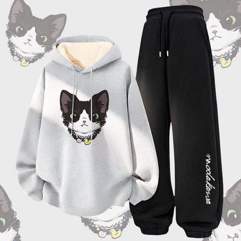 MODAKAWA Zweiteiliges Set aus Hoodie und Hose mit niedlichem Katzenmotiv, dick gefüttert mit Fleece - Grey&Black - 5XL - image 3