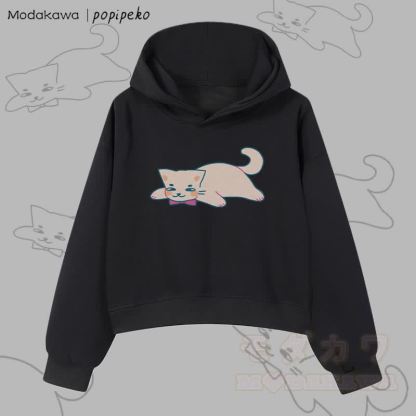 MODAKAWA X popipeko Lazy Cat Graphic Cropped Cotton Hoodie - Schwarz - 3XL - image 5