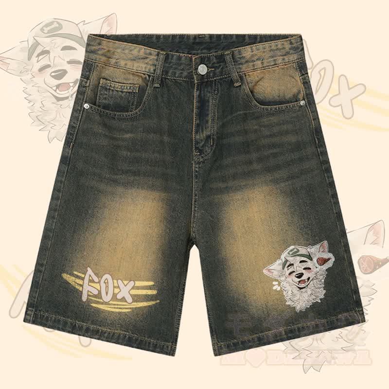 MODAKAWA X atka Fox Wants Meat Grafik-Denim-Shorts - Olive - 3XL - image 3