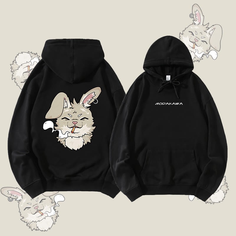 MODAKAWA Smoking Bunny Grafik Streetwear Pullover Hoodie - Black - 5XL - image 5