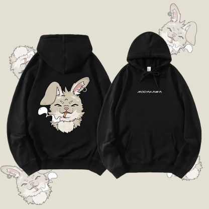 MODAKAWA Smoking Bunny Grafik Streetwear Pullover Hoodie - Black - 5XL - image 5