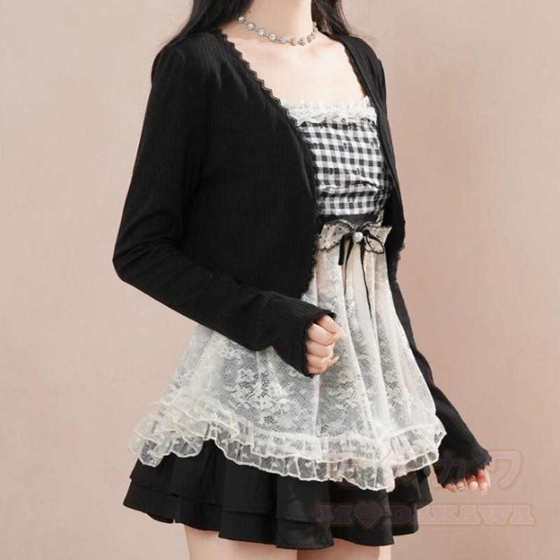 Dreiteiliges Set aus kariertem Spitzen-Cami-Top, langärmeliger Rüschen-Cardigan und Rock - Strickjacke - XL - image 8