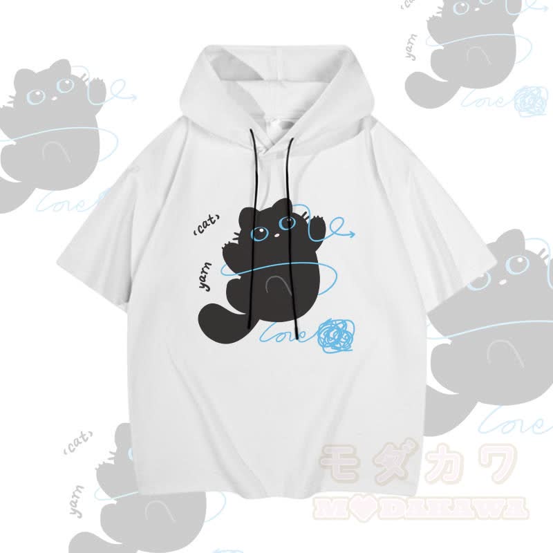 MODAKAWA Kurzarm-Hoodie mit Katzenmotiv und Garngrafik - Weiß - 3XL - image 3