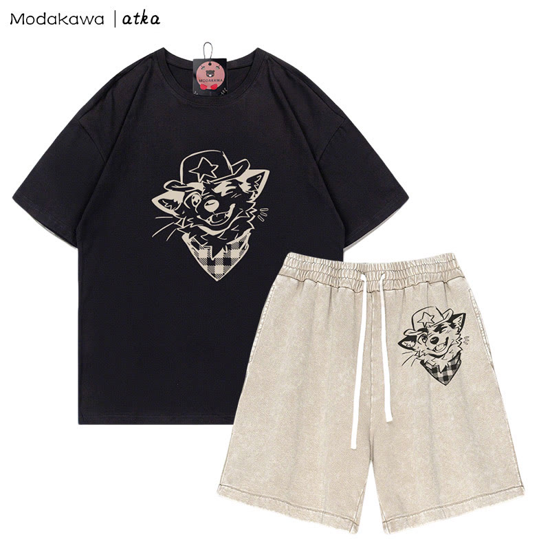 MODAKAWA X atka Cowboy Fox Winking Graphic T-Shirt Vintage Washed Shorts Zweiteiliges Set - Black&Apricot - 3XL - image 6