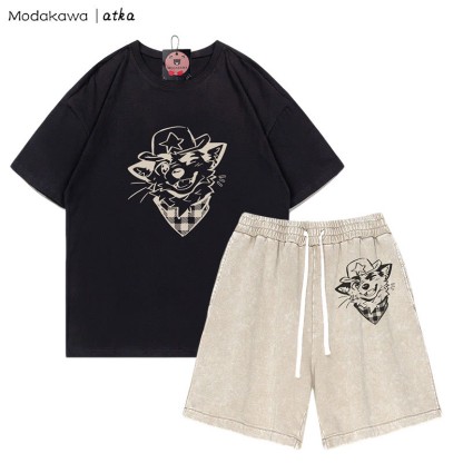 MODAKAWA X atka Cowboy Fox Winking Graphic T-Shirt Vintage Washed Shorts Zweiteiliges Set - Black&Apricot - 3XL - image 6