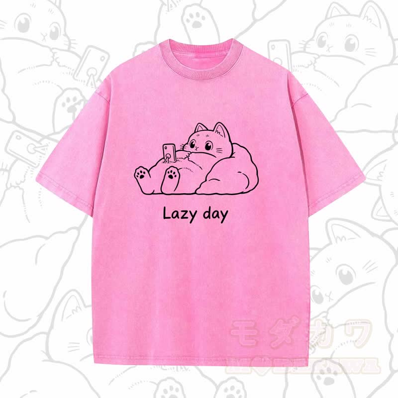 MODAKAWA LAZY DAY Kurzarm-T-Shirt mit niedlichem Katzenprint - Pink A - 5XL - image 8