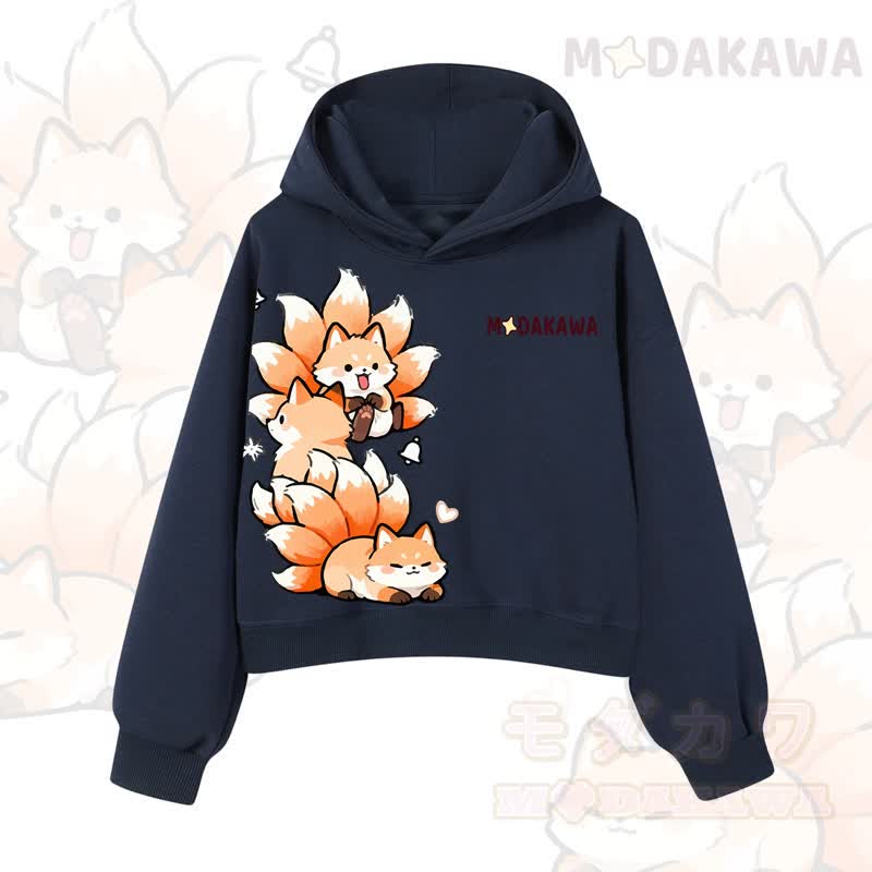 MODAKAWA Cropped Cotton Hoodie mit niedlichem Fuchs-Motiv - Marineblau - 3XL - image 11