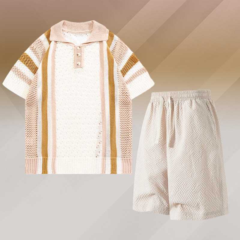 Gestreiftes Poloshirt aus offenem Strick, strukturierte Shorts mit Kordelzug, passendes Outfit von Modakawa - Two Pieces Set D - 3XL - image 4