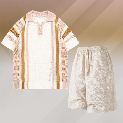 Gestreiftes Poloshirt aus offenem Strick, strukturierte Shorts mit Kordelzug, passendes Outfit von Modakawa - Two Pieces Set D - 3XL - image 4