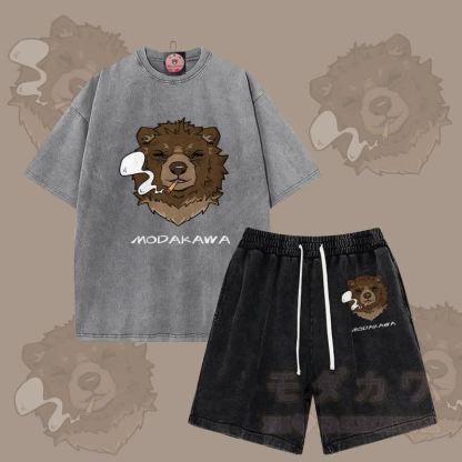 MODAKAWA Smoking Bear Grafik Vintage Washed T-Shirt Shorts Zweiteiliges Set - Grau & Schwarz - 3XL - image 10