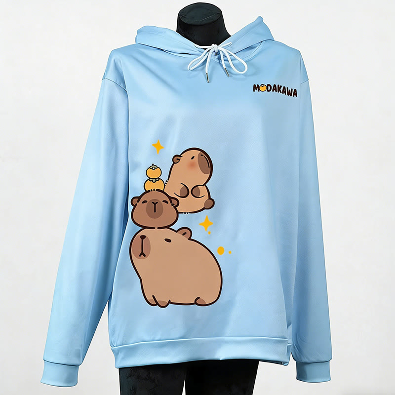 Modakawa-Hoodie mit gestapeltem Capybara-Buchstabenprint (locker geschnitten) - Blue - 6XL - image 5