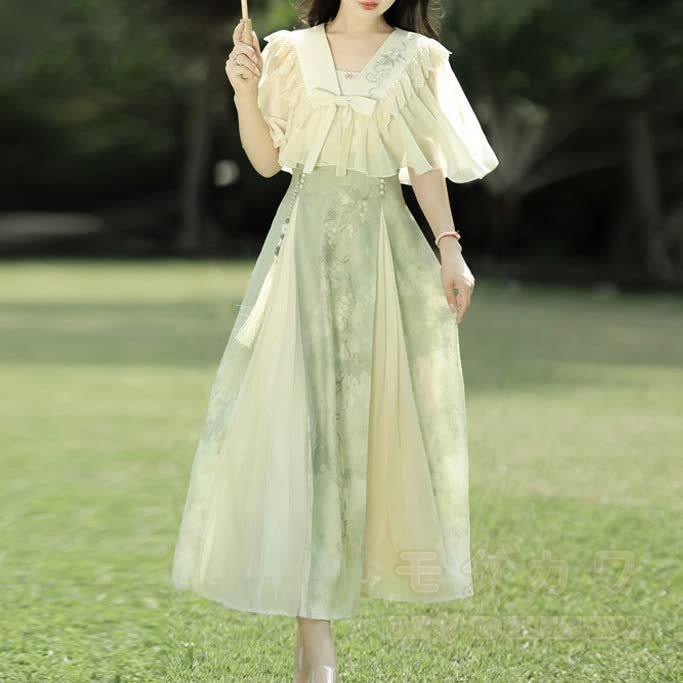 Vintage-Bluse mit bestickter Schleife und plissiertem Trägerkleid, zweiteiliges Set - image 4