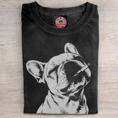 MODAKAWA Smoking Bulldog Grafik Unisex Vintage Washed T-Shirt - Black - 5XL - image 2
