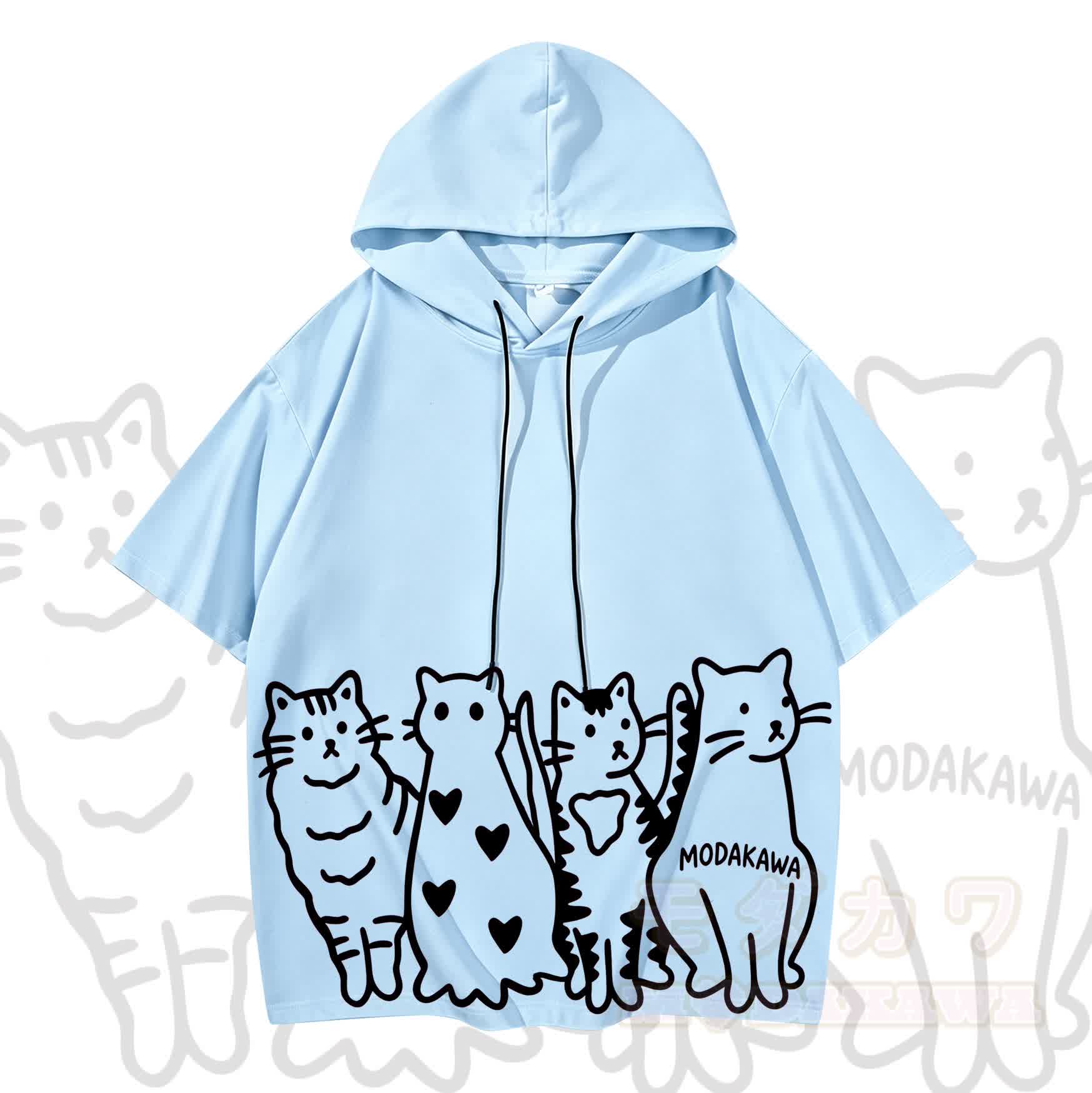MODAKAWA Kurzarm-Hoodie mit verspieltem Katzenprint - Blau & Schwarz - 3XL - image 4