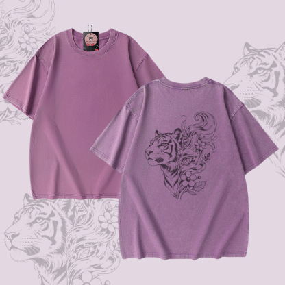 Modakawa Unisex Vintage Washed T-Shirt mit Tigerblumenmuster - Purple - 5XL - image 4