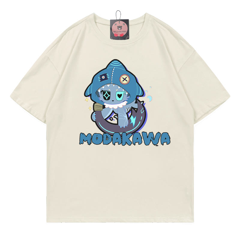 MODAKAWA T-Shirt mit verspieltem Hai-Motiv und dunkler Ästhetik - Beige - A - 5XL - image 7