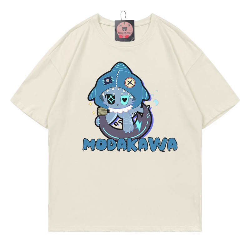 MODAKAWA T-Shirt mit verspieltem Hai-Motiv und dunkler Ästhetik - Beige - A - 5XL - image 7