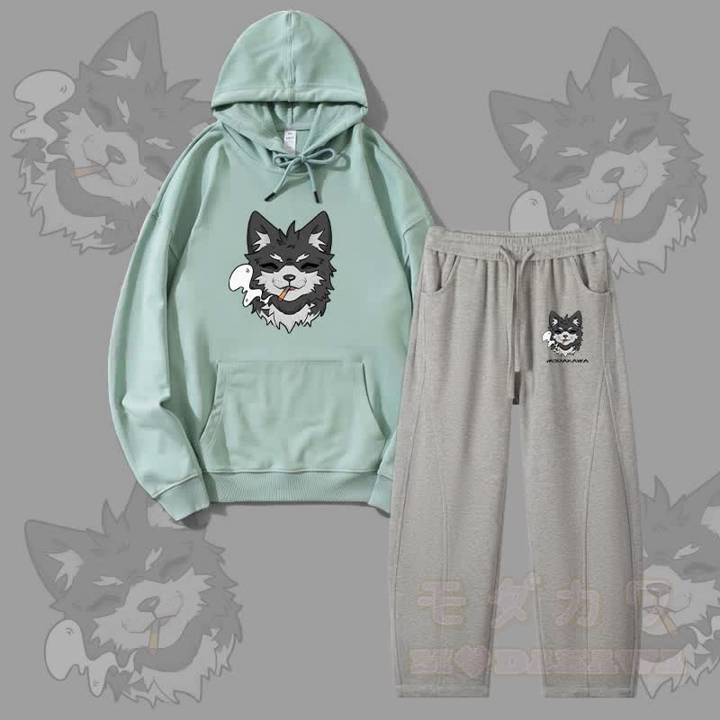 MODAKAWA Koda Smoking Puppy Grafik-Hoodie für Herren, Kordelzughose, zweiteiliges Set - Grün & Heidegrau - 4XL - image 3