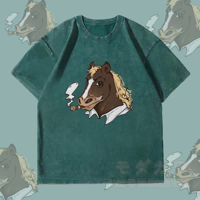 MODAKAWA Smoking Horse Grafik Unisex Vintage Washed T-Shirt - Dunkelgrün - 4XL - image 3