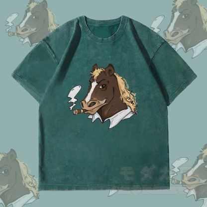 MODAKAWA Smoking Horse Grafik Unisex Vintage Washed T-Shirt - Dunkelgrün - 4XL - image 3