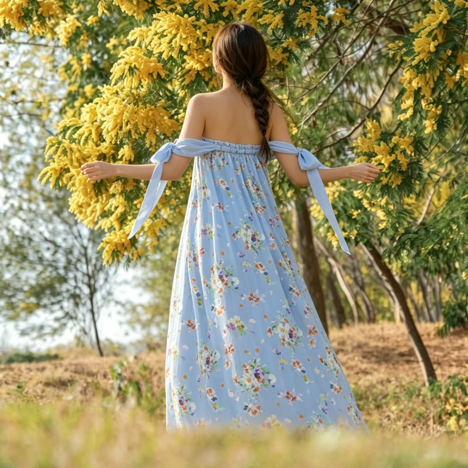 Blaues, geblümtes, schulterfreies Maxikleid - image 3