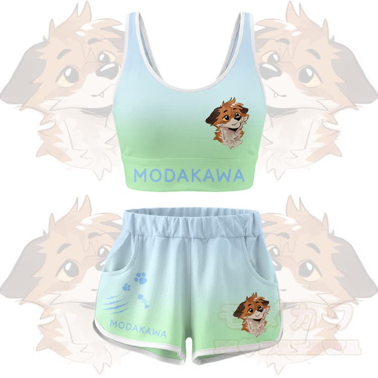 MODAKAWA X atka Fox Graphic Crop Tank Tank Sport Top Shorts Bikini Matching Outfit - Grünes Set - 5XL - image 10