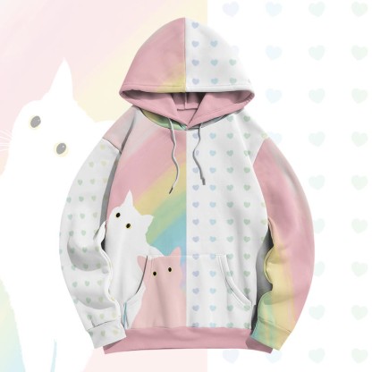 MODAKAWA Pullover-Hoodie mit Allover-Print und Katzenherz-Grafik - image 5