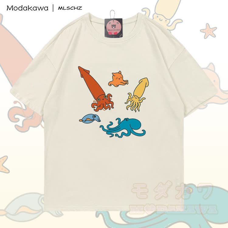 MODAKAWA X MLSCHZ Tintenfisch-Oktopus-Grafik-T-Shirt aus 100 % Baumwolle, dazu passende Shorts mit Farbverlauf - Hellbeiges T-Shirt - 5XL - image 6