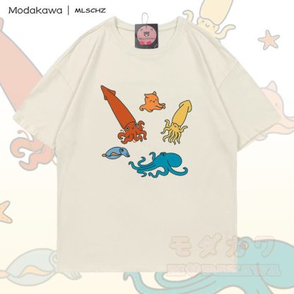 MODAKAWA X MLSCHZ Tintenfisch-Oktopus-Grafik-T-Shirt aus 100 % Baumwolle, dazu passende Shorts mit Farbverlauf - Hellbeiges T-Shirt - 5XL - image 6