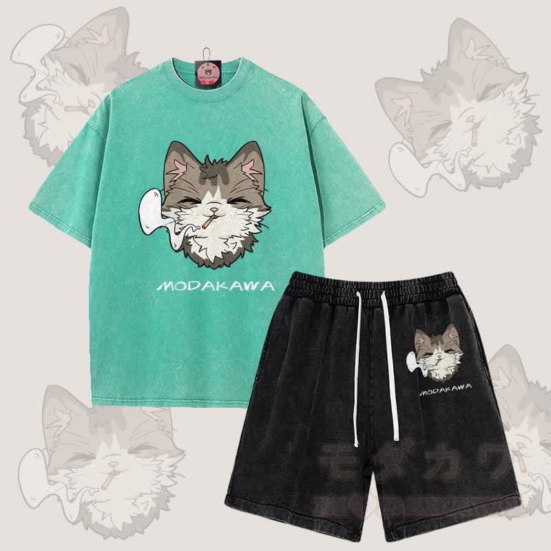 MODAKAWA Smoking Cat Grafik Vintage Washed T-Shirt Shorts Zweiteiliges Set - Grün & Schwarz - 3XL - image 12