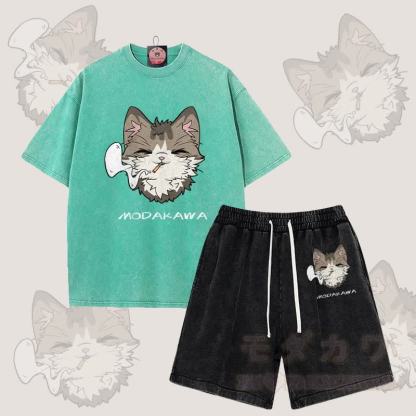 MODAKAWA Smoking Cat Grafik Vintage Washed T-Shirt Shorts Zweiteiliges Set - Grün & Schwarz - 3XL - image 12