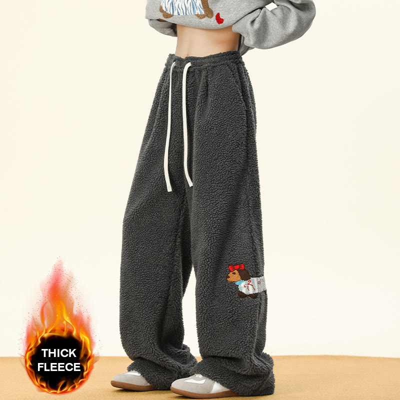 Gemütliche, dicke Sherpa-Fleece-Hose mit Welpenstickerei, Winter-Loungehose - Dark Grey – Thick Fleece - 3XL - image 4