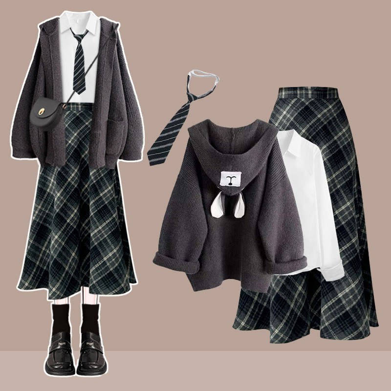 Hemd, Krawatte, Karorock, Bärenohren-Pullover, vierteiliges Set - Grau - XL - image 5