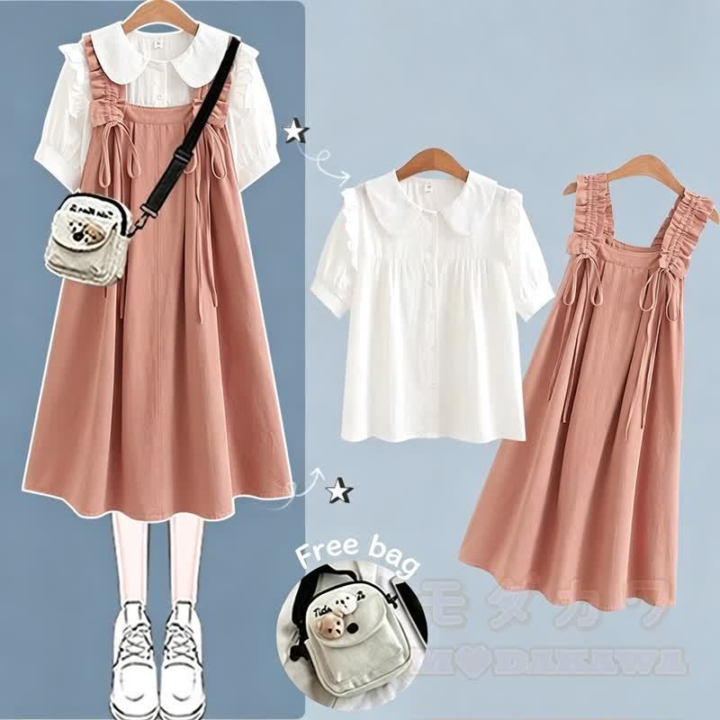 College-Stil Kurzarm-Hemdkleid mit Trägern, zweiteiliges Set - Pinkes Set B - XL - image 5