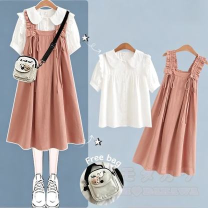 College-Stil Kurzarm-Hemdkleid mit Trägern, zweiteiliges Set - Pinkes Set B - XL - image 5