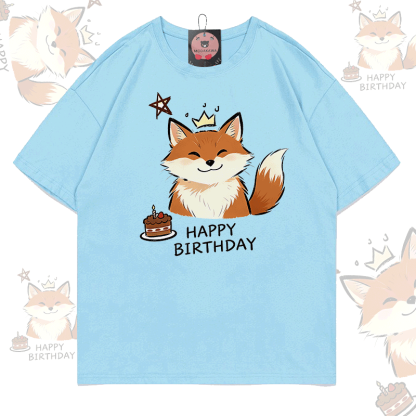 HAPPY BIRTHDAY Fox Graphic Modakawa 100% Cotton T-Shirt - Sky Blue - 5XL - image 3