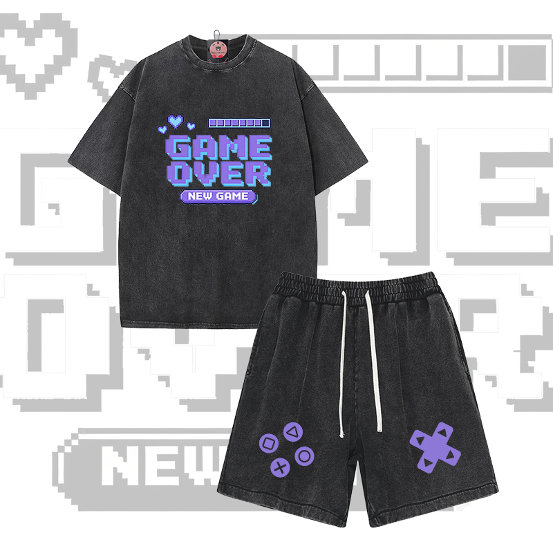 GAME OVER Grafik Modakawa Vintage Washed T-Shirt Shorts Zweiteiliges Set - Set B - 3XL - image 2