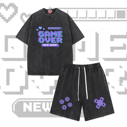 GAME OVER Grafik Modakawa Vintage Washed T-Shirt Shorts Zweiteiliges Set - Set B - 3XL - image 2