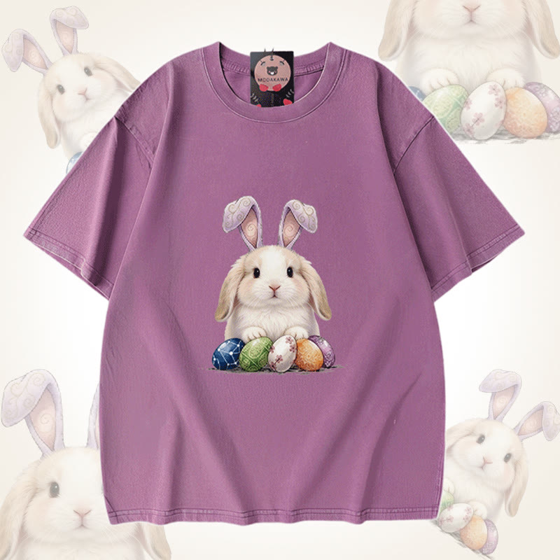 Modakawa Unisex Vintage Washed T-Shirt mit Osterhasen-Motiv - Purple - 5XL - image 7