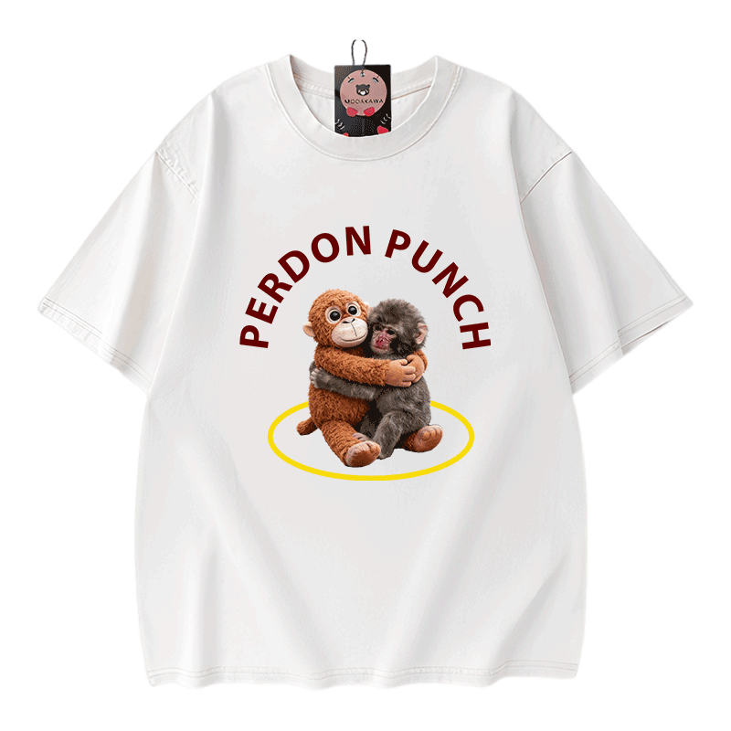 PERDON PUNCH Umarmungsaffen-Grafik Modakawa Unisex Vintage Washed T-Shirt - Beige - 5XL - image 2