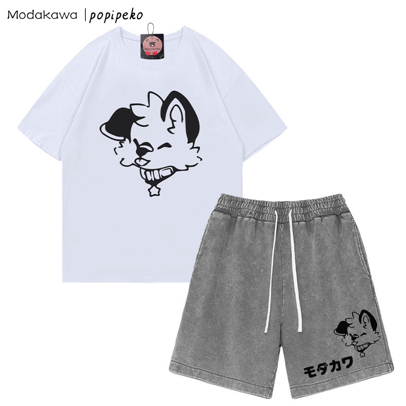 MODAKAWA X popipeko Puppy Letter T-Shirt und Vintage Washed Shorts Zweiteiliges Set - White&Grey - 3XL - image 8