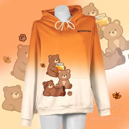MODAKAWA Farbverlauf-Honigbär-Grafik-Pullover-Hoodie - Orange & Weiß - 5XL - image 3
