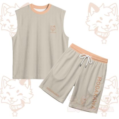 Ärmelloses, schnelltrocknendes Tanktop mit Katzenmotiv und passender Sporthose von Modakawa - Khaki-Set - 5XL - image 19