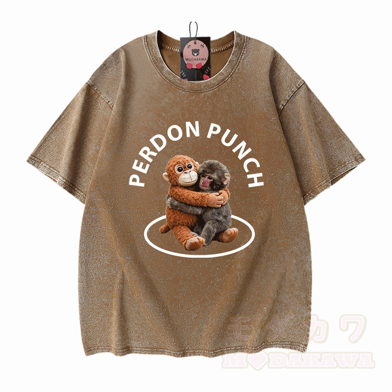 PERDON PUNCH Umarmungsaffen-Grafik Modakawa Unisex Vintage Washed T-Shirt - Braun - 5XL - image 5