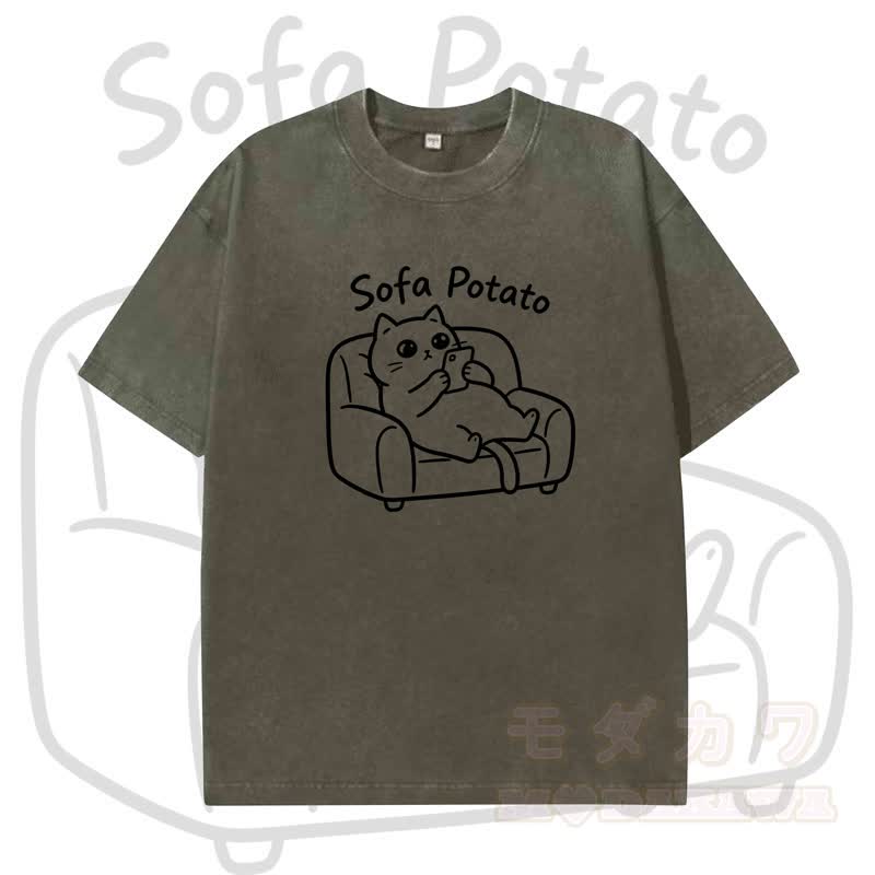 MODAKAWA SOFA POTATO Katzenmotiv Vintage Washed T-Shirt - Dunkelgrün - 5XL - image 8