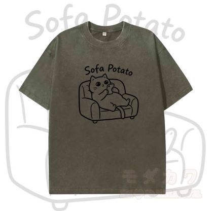 MODAKAWA SOFA POTATO Katzenmotiv Vintage Washed T-Shirt - Dunkelgrün - 5XL - image 8
