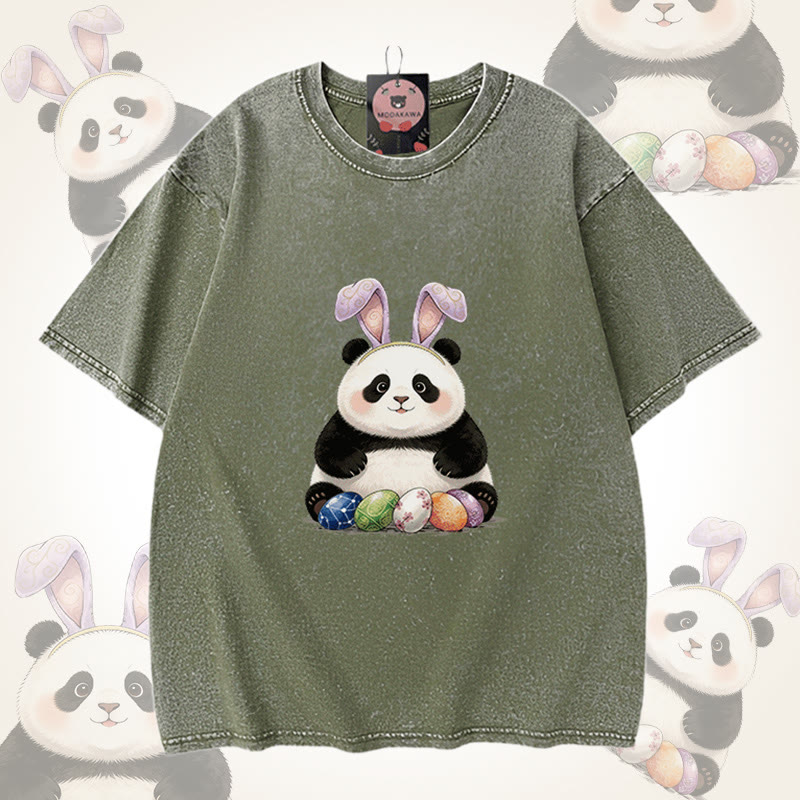 Modakawa Unisex Vintage Washed T-Shirt mit Ostereier-Panda-Motiv - Green - 5XL - image 5